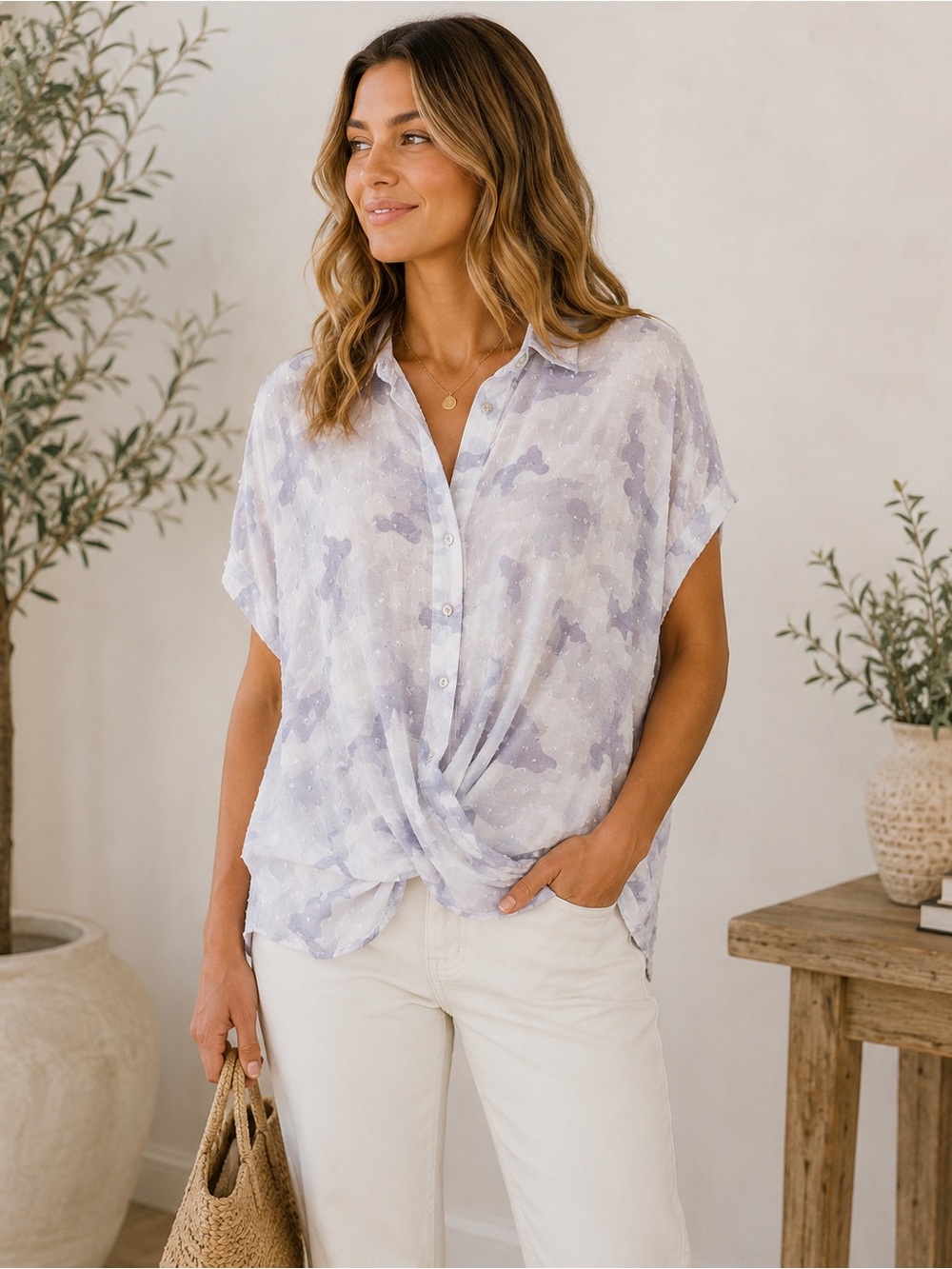 Promesa White and Light Gray Camouflage Dot-Texture Button-Front Blouse